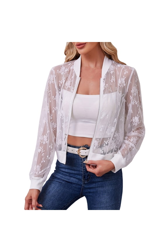 Womens Zip Up Hollow Out Floral Sexy Lace Crop Bomber Jackets See Thru Sheer Mesh Baseball Jacket