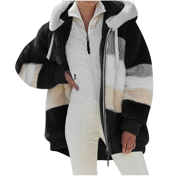 HTNBO Fleece Jacket Women Sherpa Jacket Zip Up Hooded Oversized Coats Warm Winter Coats for Women with Pockets