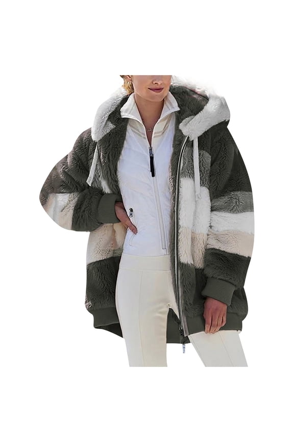 Oversized Fuzzy Fleece Jackets For Women Color Block Faux Fur Cardigan Coat Shaggy Warm Winter Outerwear