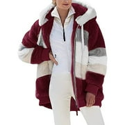 HTNBO Sherpa Jackets For Women Fuzzy Fleece Teddy Coat Color Block Faux Shearling Cardigan Warm Hooded Zip Up Outwear