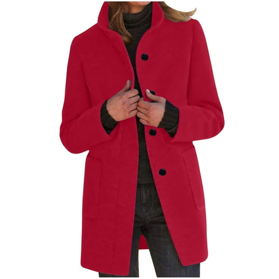 HTNBO Wool Coat for Women Plus Size Thicken Pea Coats Stand Collar Single Breasted Trench Coat Winter Jackets