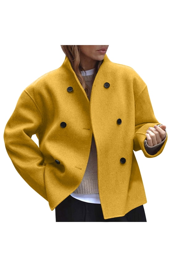 Wool Coats for Women Winter Fall V Neck Long Sleeve Bouble Breasted Wool Blazer Jackets Casual Trench Coats