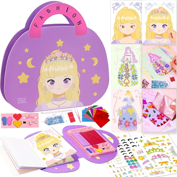 HTOY 4-in-1 Dress Up Game Set Princess Fantasy Makeup, Pretty Pretty Princess Game, Girls Toy Kit with Diamond Painting & Dress Up Set, DIY Paper Makeup Arts and Crafts for Kids 4-6