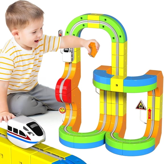 HTOY Electric Train Set for Kids, 69Pcs 3D Flexible Race Track Set with Electric Train, Traffic Signs, STEM Train Toy Set for Boys and Girls Aged 3+ Years Old Birthday Gift