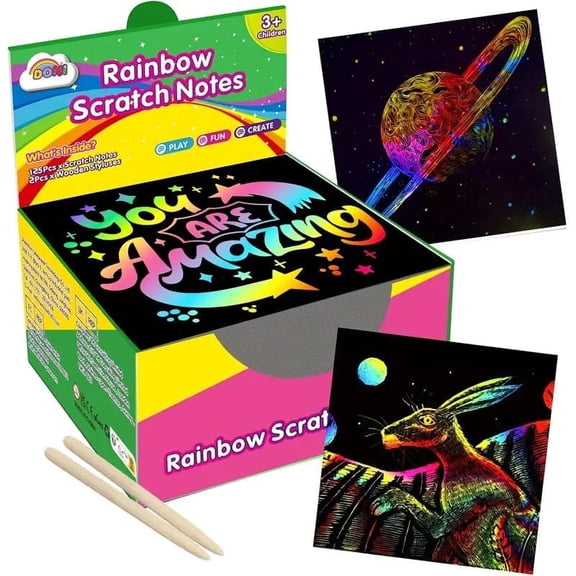 HTOY Rainbow Scratch Paper Art for Kids - 100 Pcs Magic Rainbow Scratch Paper Off Set Scratch Crafts Arts Supplies Kit Pads Sheets for Party Games Valentine's Day Christmas Birthday Gifts
