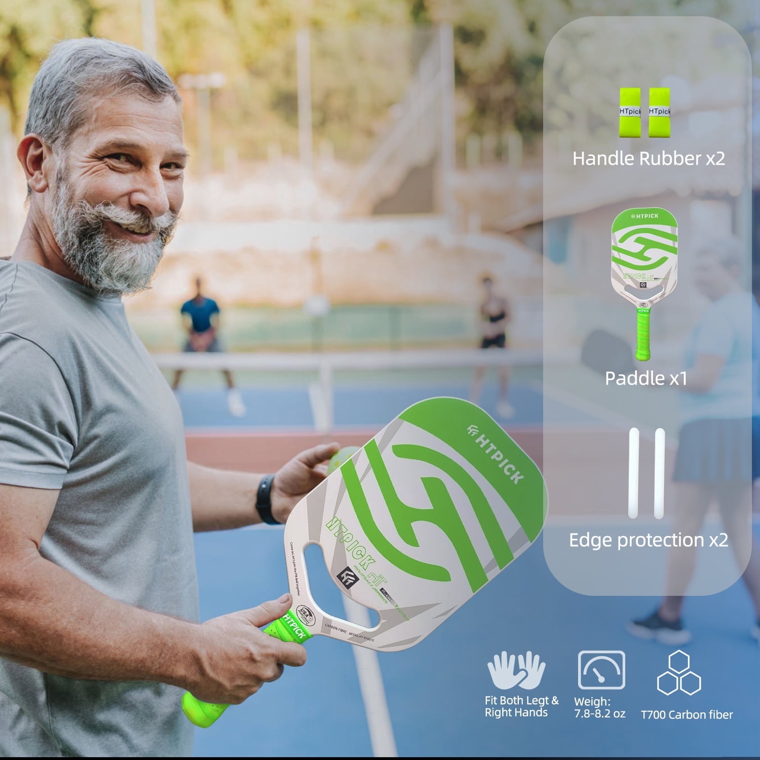 HTPICK Thermoformed Pickleball Paddle - T700 Carbon Fiber Surface, 16mm Honeycomb Core, Green, USAPA Approved