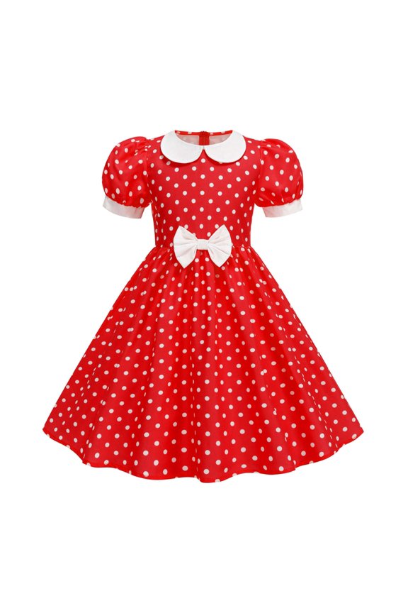 1950s Vintage Polka Dot Dresses for Girls, Vintage Peter Pan Collar Puff Sleeve Party Dress with Bow, Audrey Hepburn Rockabilly 50's Style Themed Party Outfits - Red M