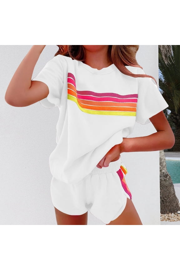 2-Piece Lounge Sets for Women, Rainbow Striped Outfits Casual Short Sleeve Tops & Shorts Trendy Matching Sweatsuits - White M