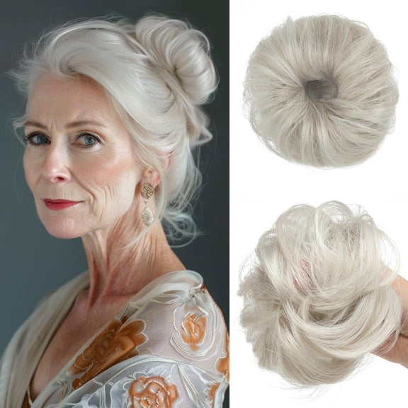 HTQWLP 2Pcs Small Cute Messy Bun Hair Piece for Thin Hair Women Mini Synthetic Curly Bun Scrunchies Updo Hairpieces - Ice Blonde
