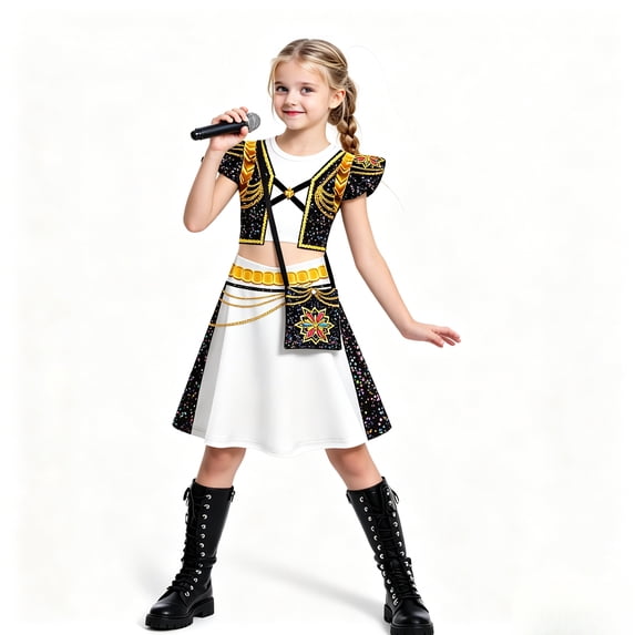 HTQWLP Girls Halloween Costume, POP Style Halloween Cosplay Sleeveless Skirt with Bag Dress Up Costumes, Girls Stage Performance Outfit, 3-12Y Birthday Halloween Party & Fancy Dress Playwear