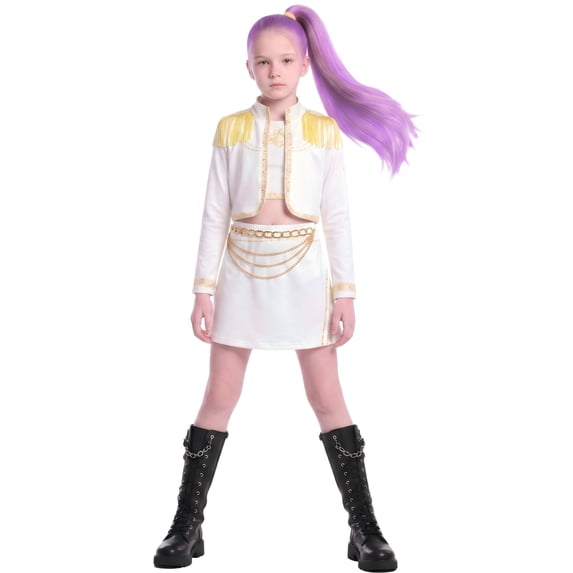 HTQWLP Girls Halloween Costume, Pop Style Halloween Cosplay Dress Up Include Jacket Tank Top & Shorts, Girls' Group Stage Performance Outfit, 2-14Y Girls Birthday Party & Fancy Dress Playwear