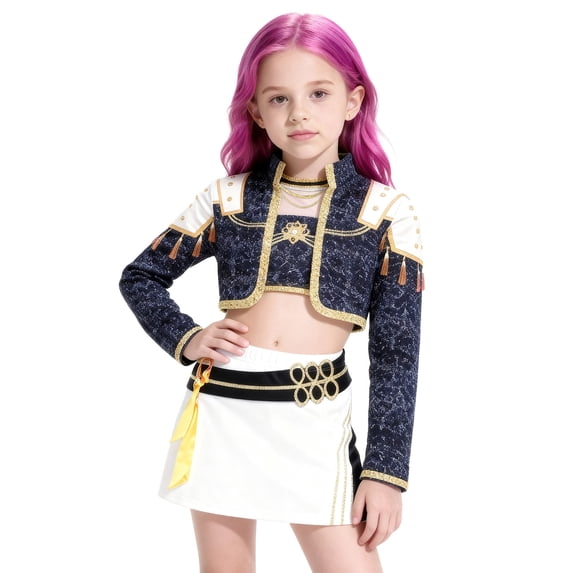 HTQWLP Girls Halloween Costume, Pop Style Halloween Cosplay Dress Up Include Jacket Tank Top Skirt Set, Girls' Group Stage Performance Outfit, 2-14Y Girls Birthday Party & Fancy Dress Playwear