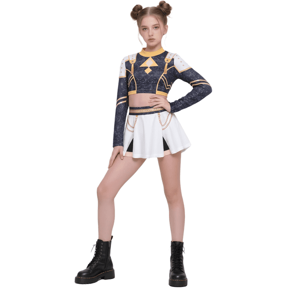 HTQWLP Girls Halloween Costumes, Pop Style Halloween Cosplay Dress Up Include Long Sleeve Blouse and Skirt, Girls' Group Stage Performance Outfit, 2-14Y Girls Birthday Party & Fancy Playwear