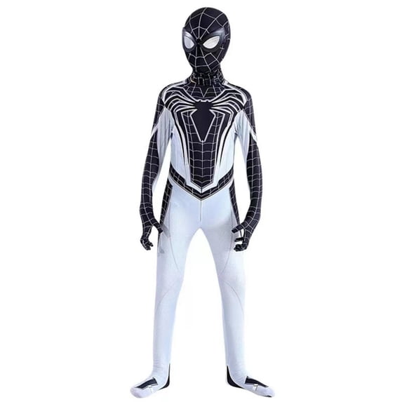 HTQWLP Halloween Superhero Costume, Pop Role Playing Fancy Dress Costumes, Halloween Stage Performance Spider Cospaly Outfit-Jumpsuit+3D Lens Mask, Boys Birthday Party Dress Up, White/120