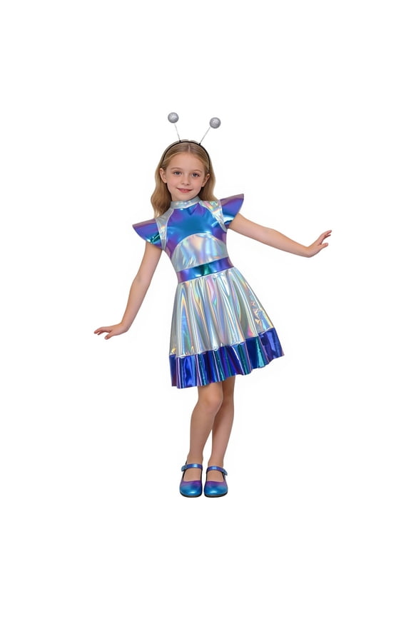 Iridescent Space Alien Dresses for Girls, Holographic Space Outfit with Antenna Headband for Halloween, Themed Parties & Stage Performances - White 130