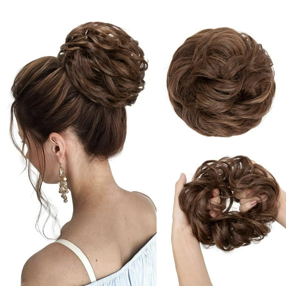 HTQWLP Large Messy Bun Hair Piece Wavy Curly Scrunchies Synthetic Chignon Ponytail Hair Extensions Thick Updo Hairpieces for Women - Chocolate Multi