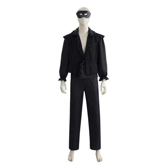 HTQWLP Men's Black Masquerade Costume Set, Ruffled Victorian Style Jacket Pants with Mask, Phantom of the Opera Style Halloween Cosplay Costume for Men, Retro Gothic Party Outfit - S