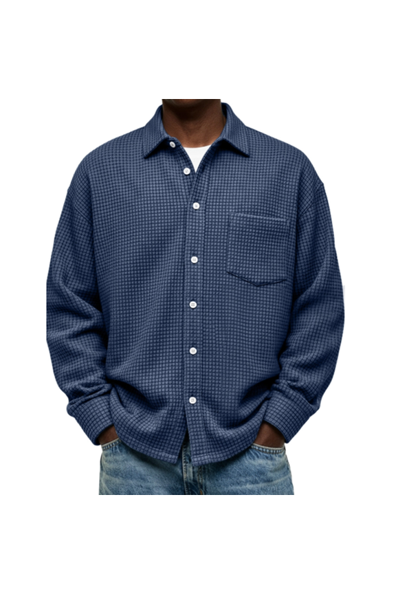 Men's Simple Corduroy Corn Plaid Lapel Button Casual Long Sleeve Polo Shirts, Retro Collared Tops with Pocket - Navy XXL