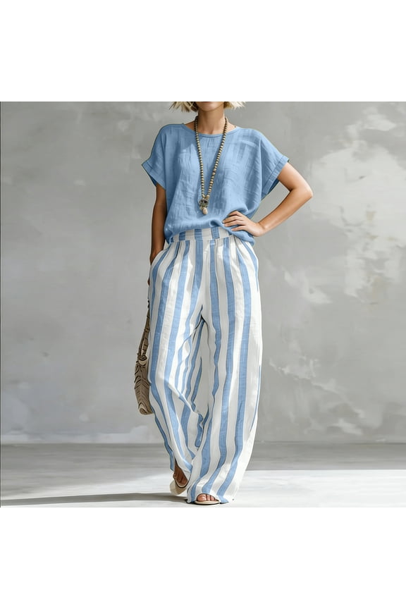 Women's Cotton Linen Two-Piece Outfits, Solid Color Short Sleeve Top & Striped Wide Leg Pants Set with Pockets, Casual Loungewear - Blue XXL