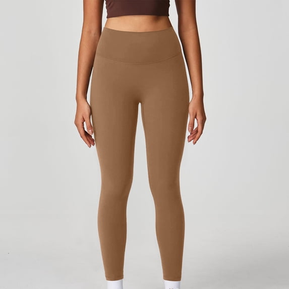 HTQWLP Women's High Waisted Leggings, Tummy Control Compression Fitness Yoga Pants, Soft Stretchy No Front Seam Leggings - Light Brown M