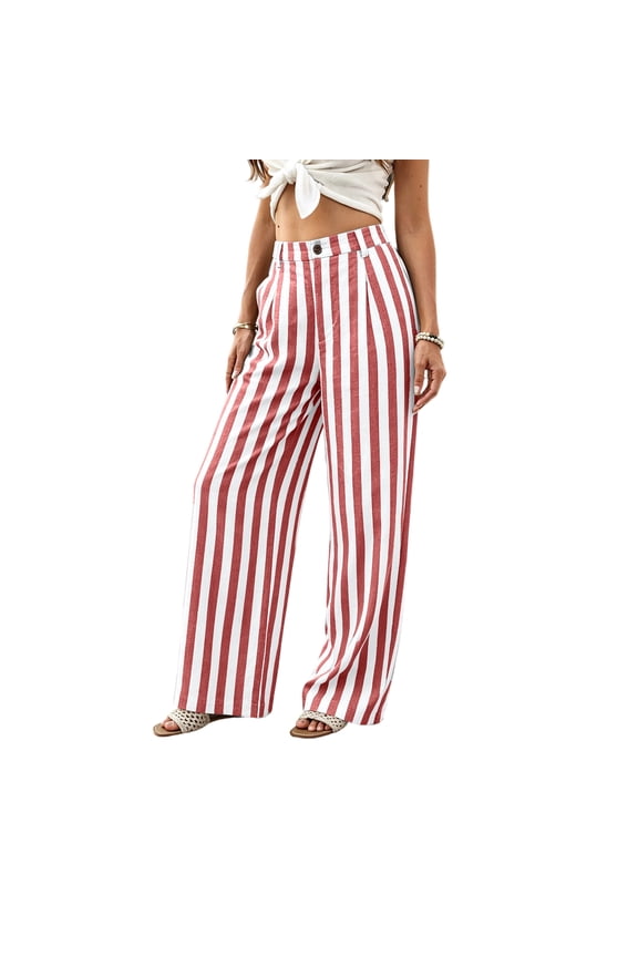 Women's High-Waisted Striped Wide Leg Palazzo Pants, Linen Blend Button Fly Trousers, Casual Y2K Flowy Trouser with Pockets - Red M