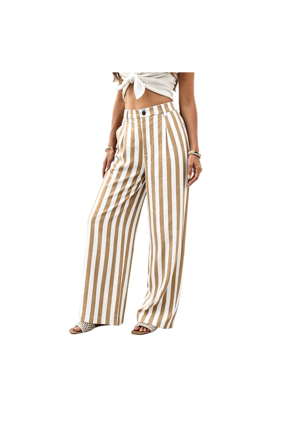 Women's High-Waisted Striped Wide Leg Palazzo Pants, Linen Blend Button Fly Trousers, Casual Y2K Flowy Trouser with Pockets - Yellow XXL