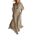 thumbnail image 1 of HTQWLP Women's Khaki & White Striped One Shoulder Maxi Dresses, off Shoulder Puff Sleeve Flowy Long Dresses with Pockets, Casual Boho Summer Dresses for Beach, Vacation & Daily Wear - XXL, 1 of 3