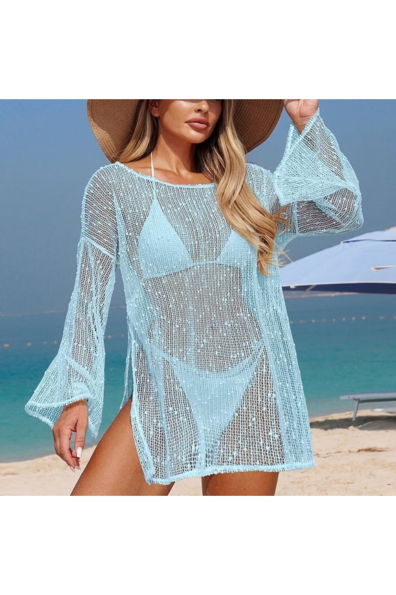 Women's Oversized Crochet Beach Cover Ups - Long Sleeve Crochet Sheer Kaftan for Women - Hollow Knit See Through Vacation Casual Mini Dresses - Blue M