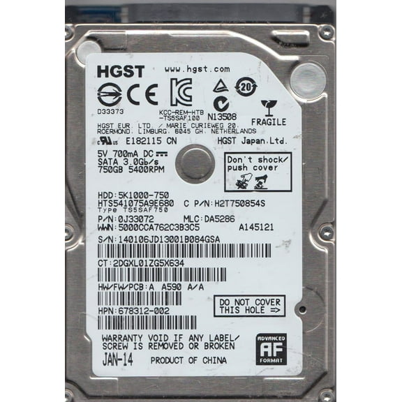 HTS541075A9E680, PN 0J33072, MLC DA5286, Hitachi 750GB SATA 2.5 Hard Drive