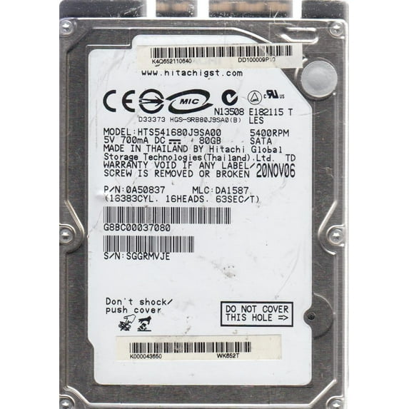 HTS541680J9SA00, PN 0A50837, MLC DA1587, Hitachi 80GB SATA 2.5 Hard Drive