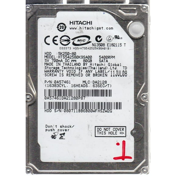 HTS542580K9SA00, PN 0A57461, MLC DA2128, Hitachi 80GB SATA 2.5 Hard Drive