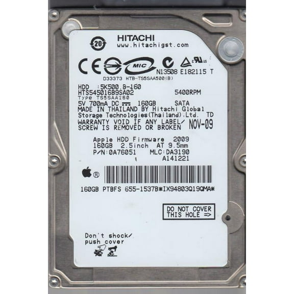 HTS545016B9SA02, PN 0A76051, MLC DA3190, Hitachi 160GB SATA 2.5 Hard Drive
