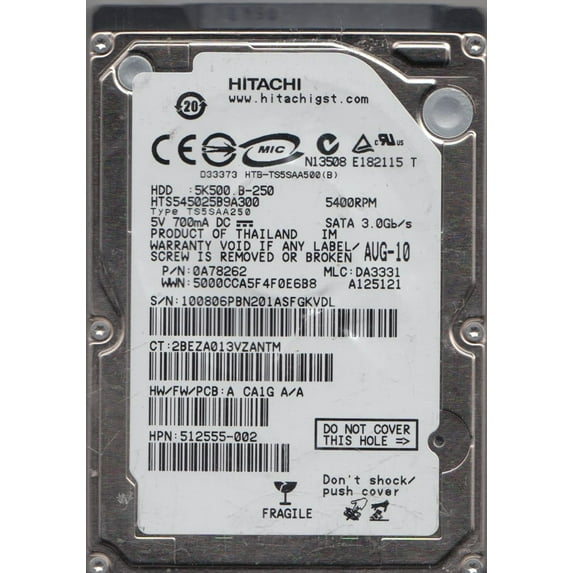 HTS545025B9A300, PN 0A78262, MLC DA3331, Hitachi 250GB SATA 2.5 Hard Drive