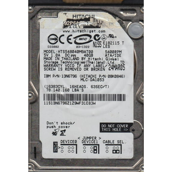 HTS548040M9AT00, PN 08K0846, MLC DA1053, Hitachi 40GB IDE 2.5 Hard Drive