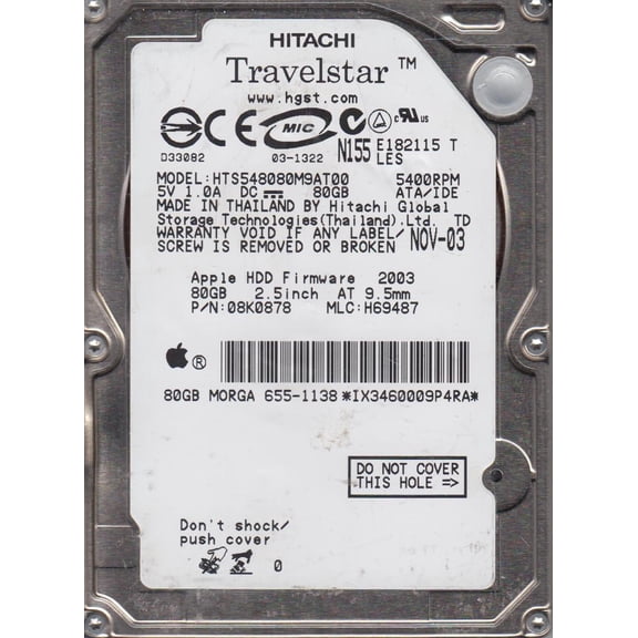 HTS548080M9AT00, PN 08K0878, MLC H69487, Hitachi 80GB IDE 2.5 Hard Drive