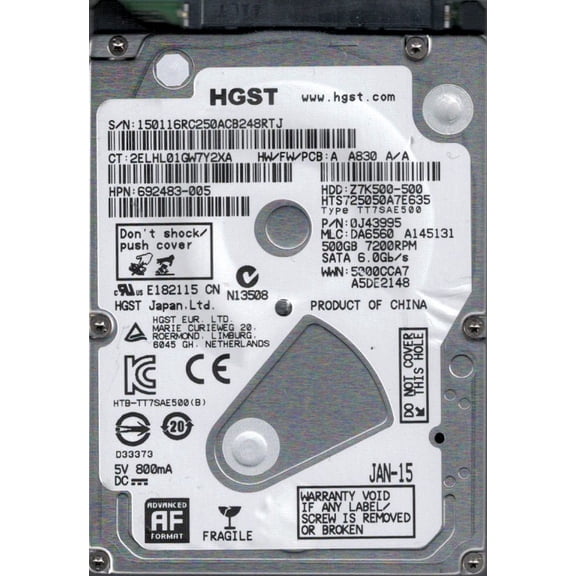 HTS725050A7E635 P/N: 0J43995 MLC: DA6560 China HGST 500GB