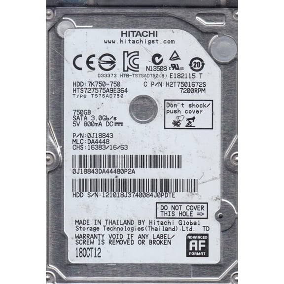 HTS727575A9E364, PN 0J18843, MLC DA4448, Hitachi 750GB SATA 2.5 Hard Drive