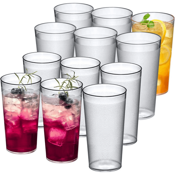HTSQYL 12-Ounce Plastic Tumblers (Set of 12), Plastic Drinking Glasses, Restaurant-Style Tumblers, Commercial-Grade Cups, Stackable, BPA-Free, Shatter-Proof, Dishwasher-Safe, Clear
