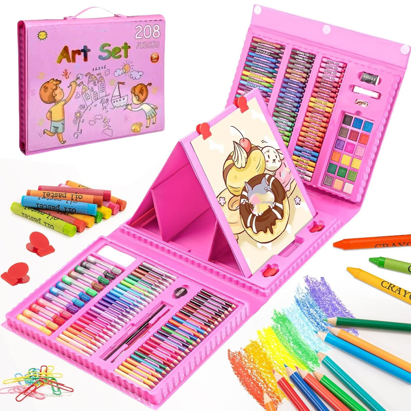 HTSQYL 208 PCS Art Supplies, Drawing Art Kit for Kids Adults Art Set with Double Sided Trifold Easel, Oil Pastels, Crayons, Colored Pencils, Watercolor Pens Gift for Girls Boys Artist,Pink