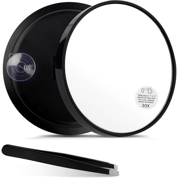 HTSQYL 30X Magnifying Mirror with Suction Cups and Tweezers Set, 3.5 inches Travel Magnified Makeup Mirror, Black, 1PC