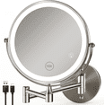 thumbnail image 1 of HTSQYL 8-Inch Wall Mounted Makeup Mirror with 1X/10X Magnification, Rechargeable Vanity Mirror with Lights, Bathroom Mirror with Dimmable Brightness, 3 Lighting Modes, Extendable Arm, Nickel, 1 of 8