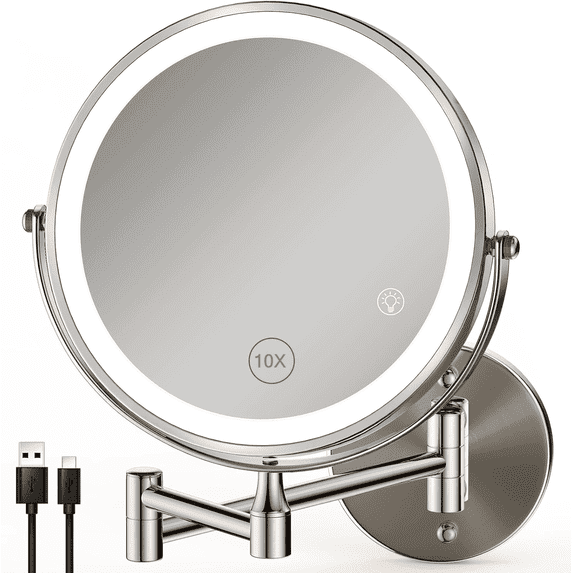 HTSQYL 8-Inch Wall Mounted Makeup Mirror with 1X/10X Magnification, Rechargeable Vanity Mirror with Lights, Bathroom Mirror with Dimmable Brightness, 3 Lighting Modes, Extendable Arm, Nickel