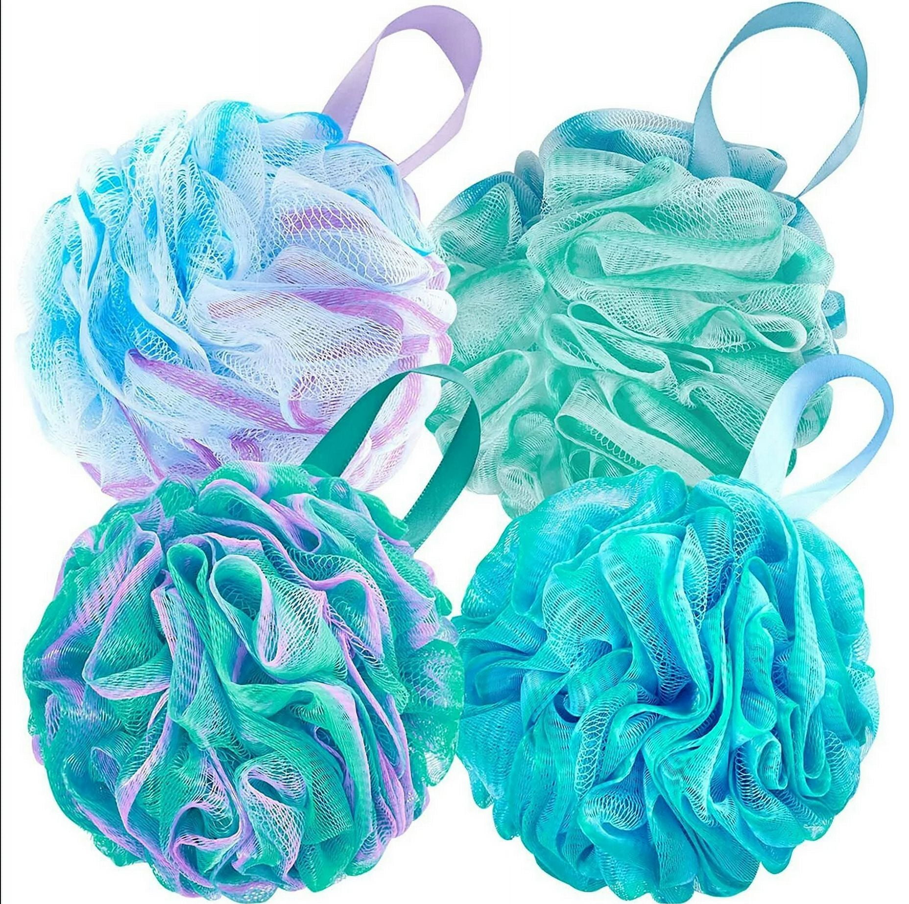 HTSQYL Bath Loofah Shower Sponge Body Back Scrubber Soft Mesh Shower Puffs Exfoliating Loofa for Women & Men Bath Accessories Cleaning Tool (Pack of 4, Extra Large)