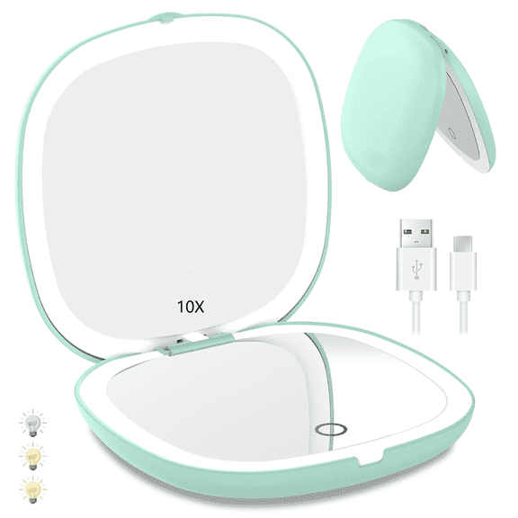 HTSQYL Compact LED Travel Makeup Mirror - 3.5 Inches 1X/10X Magnification Travel Mirror with Light Dimmable Double Sides Lighted USB Rechargeable Compact Mirror for Purse,Pocket Mirror(Green)