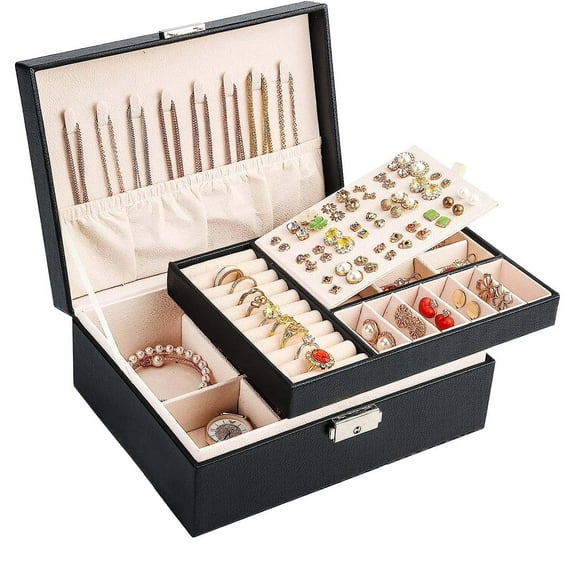HTSQYL Jewelry Box for Women Girls, PU Leather Travel Jewelry Case, Portable Jewelry Organizer Storage Holder Display for Ring Earrings Necklace Bracelet Bangle Men Kids Gift, Black