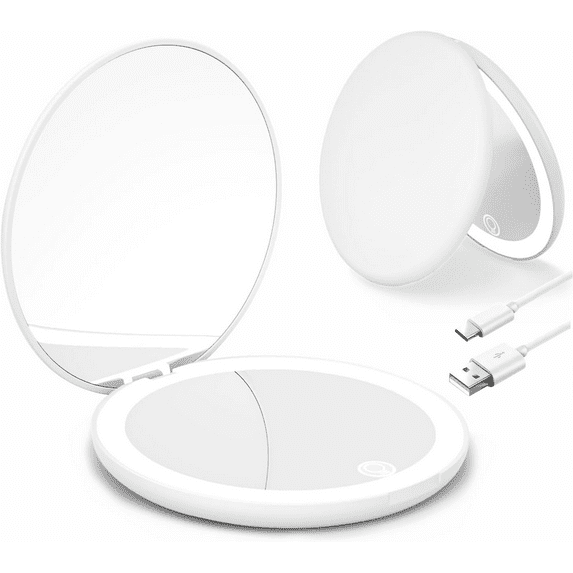 HTSQYL LED Lighted Travel Makeup Mirror, 1x/10x Magnification, 5 Inch Dual Sided Vanity Mirror with Lights Portable Compact Illuminated Cosmetic Mirror – Perfect for Handbag White
