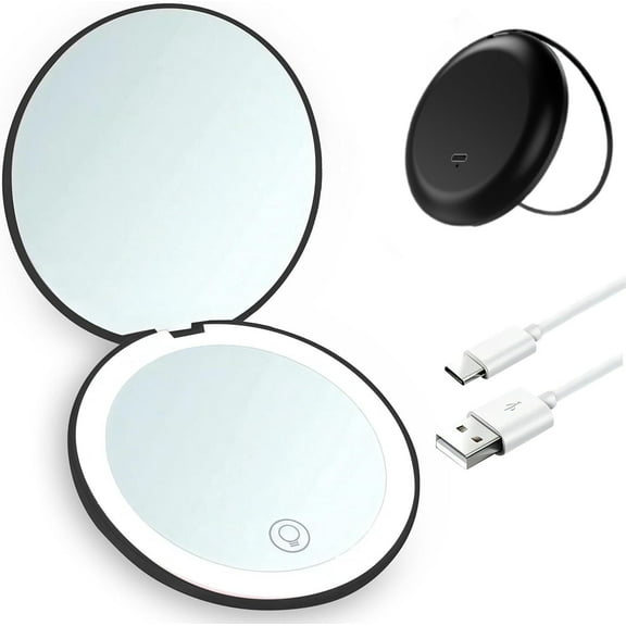 HTSQYL LED Lighted Travel Makeup Mirror, 1x/10x Magnification - Daylight LED, Compact, Portable, Large 3.5" Wide Illuminated Folding Mirror Black