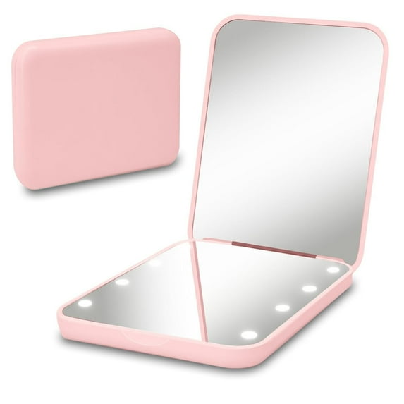 HTSQYL Pocket Mirror, Double Sided 1X/2X Magnification Compact Vanity Mirror, Small Portable Wallet Mirror, Lighted Travel Mirror for Women Gifts, Pink