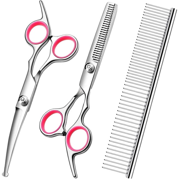 HTSQYL Professional 3 in 1 Dog Grooming Scissors Set with Safety Round Tips, Sharp and Heavy-duty Pet Grooming Shears for Cats, Thinning, Curved Scissors with Comb for Dogs