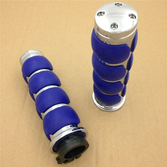 HTT-MOTOR For Kawasaki Mean Streak Drifter Classic- Chrome Blue Flat Top 7/8" 22mm Rubber Billet Aluminum Hand Grip